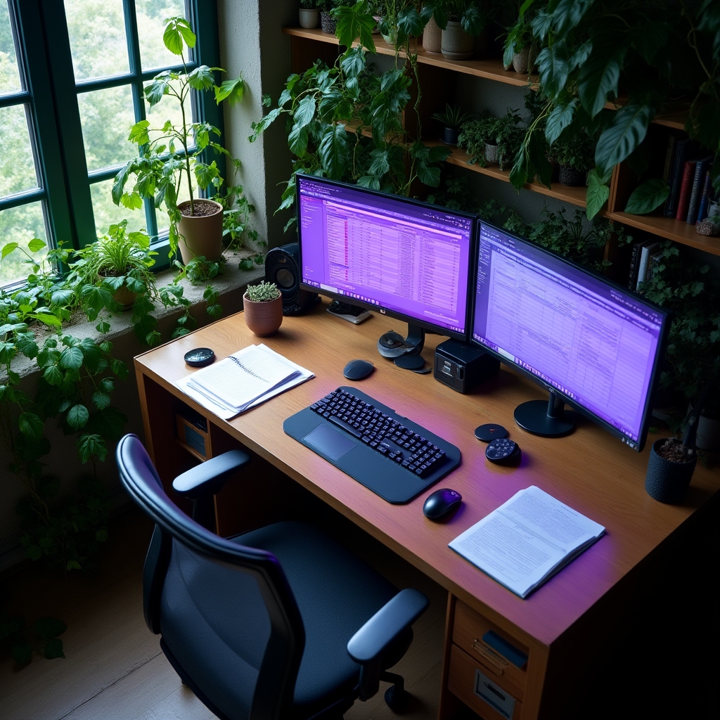 Postazione back-office organizzata con schermi e documenti digitali in ufficio sostenibile