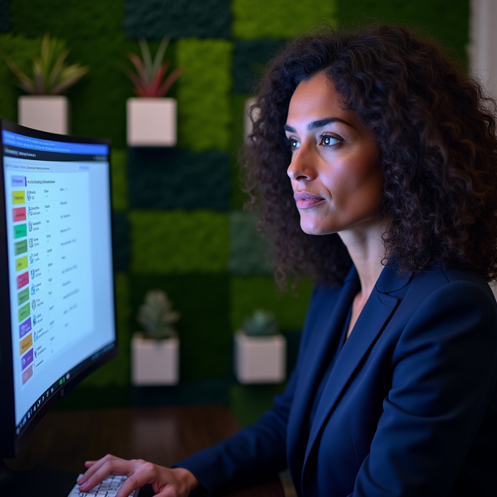 Schermo con interfaccia CRM durante sessione di pulizia dati in ufficio sostenibile