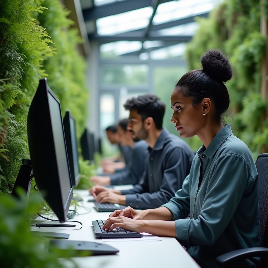 Team di data entry al lavoro in ufficio con pareti verdi e luce naturale