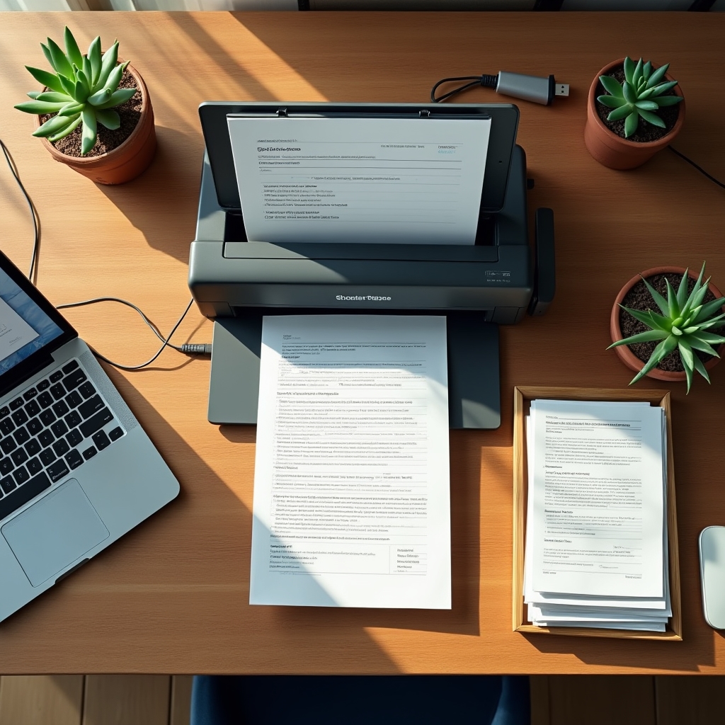 Processo di digitalizzazione documenti cartacei su scrivania con scanner e monitor